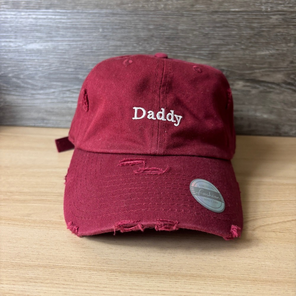 Daddy Hat Cap Strap Back Womens Red Maroon‎ Distressed Adjustable